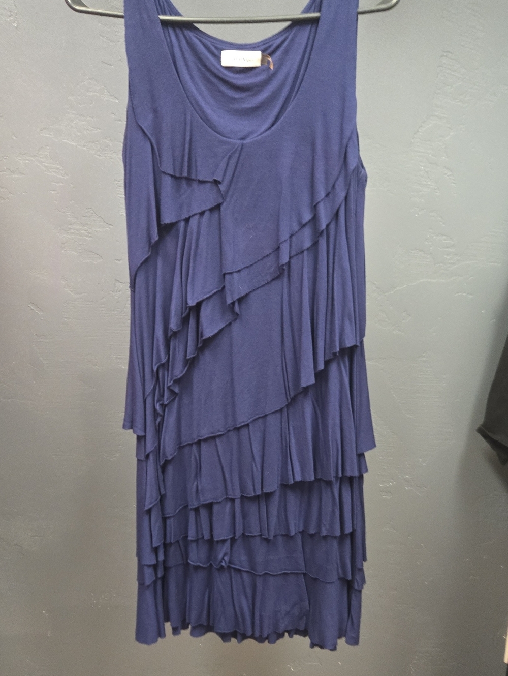 Calvin Klein Collection Navy Layered Ruffle Midi Dress with Scoop Neck